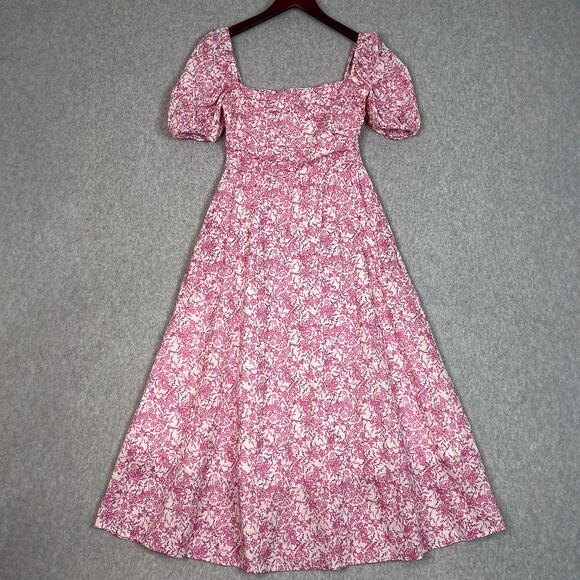 O.P.T Pink Floral Square Neck Short Puff Sleeve Midi Dress Size Small - Picture 1 of 11